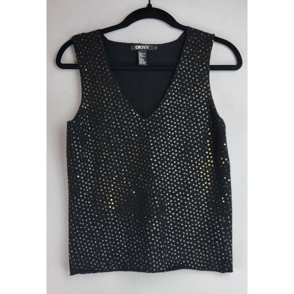 DKNY Womens Size Small Black Gold Sequins Lambswool Blend Vest